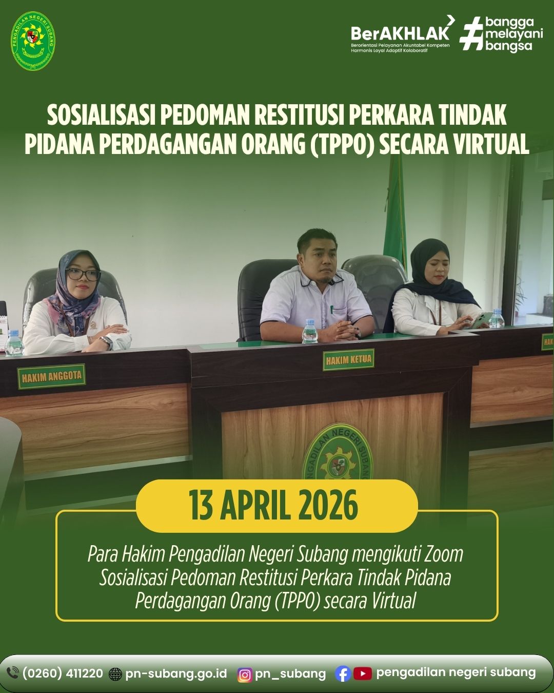 PARA HAKIM PN SUBANG MENGIKUTI SOSIALISASI PEDOMAN RESTITUSI PERKARA TPPO SECARA VIRTUAL